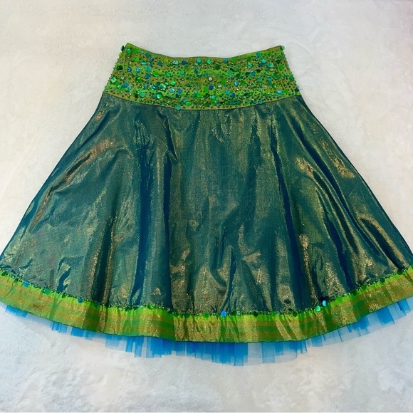 Basil & Maude Iridescent Green Blue Sequin Mermaid Beaded Skirt Sz 2 A Line - Picture 6 of 16